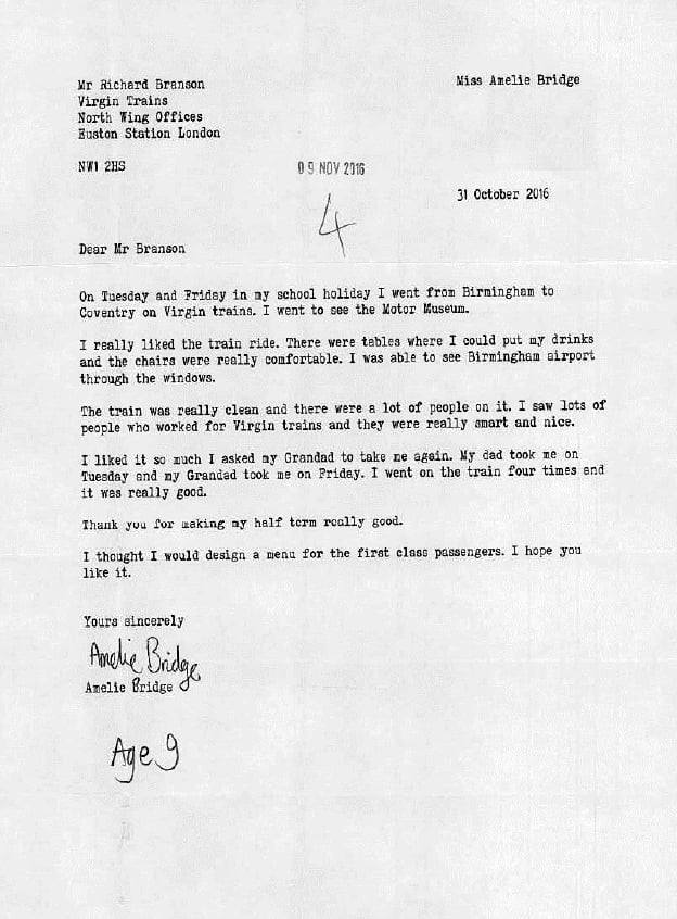 A 9 anni scrive a Richard Branson: "Un nuovo menù per i treni Virgin". Lui l'accontenta