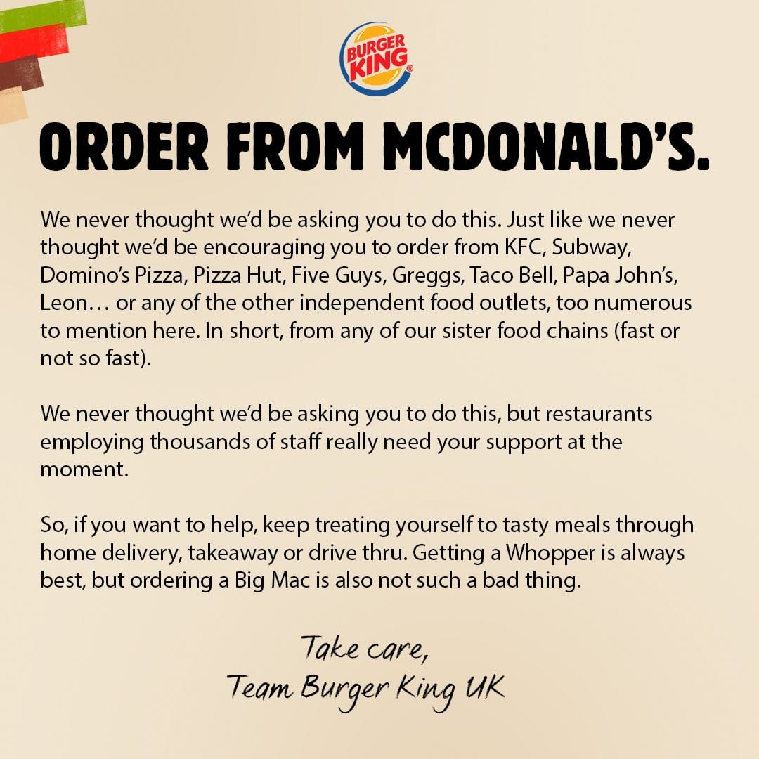 «Ordinate da McDonald's»: l'appello solidale di Burger King per salvare il settore food