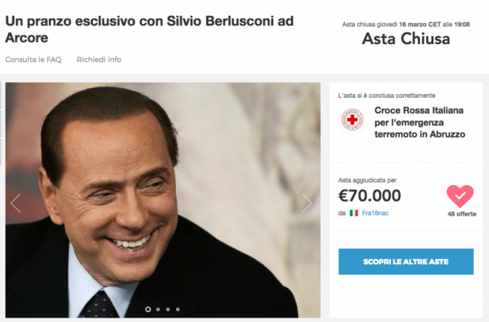 Spende 70mila euro all'asta per un pranzo con Berlusconi